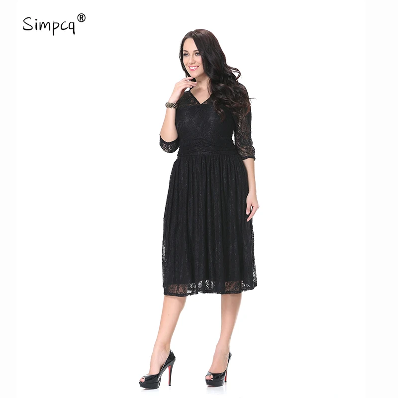 Knee-length Solid A-line V-neck Three Quarter Lace New Arrival Hot Sale Vestidos De Fiesta Robe Dress Charm Women Dress