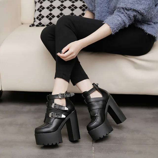 PLadies Zapatos Mujer Martin Fashion Chaussure Female Punk Female Platform Chunky High Heels 14cm Belt Buckle Shoes Woman Pumps