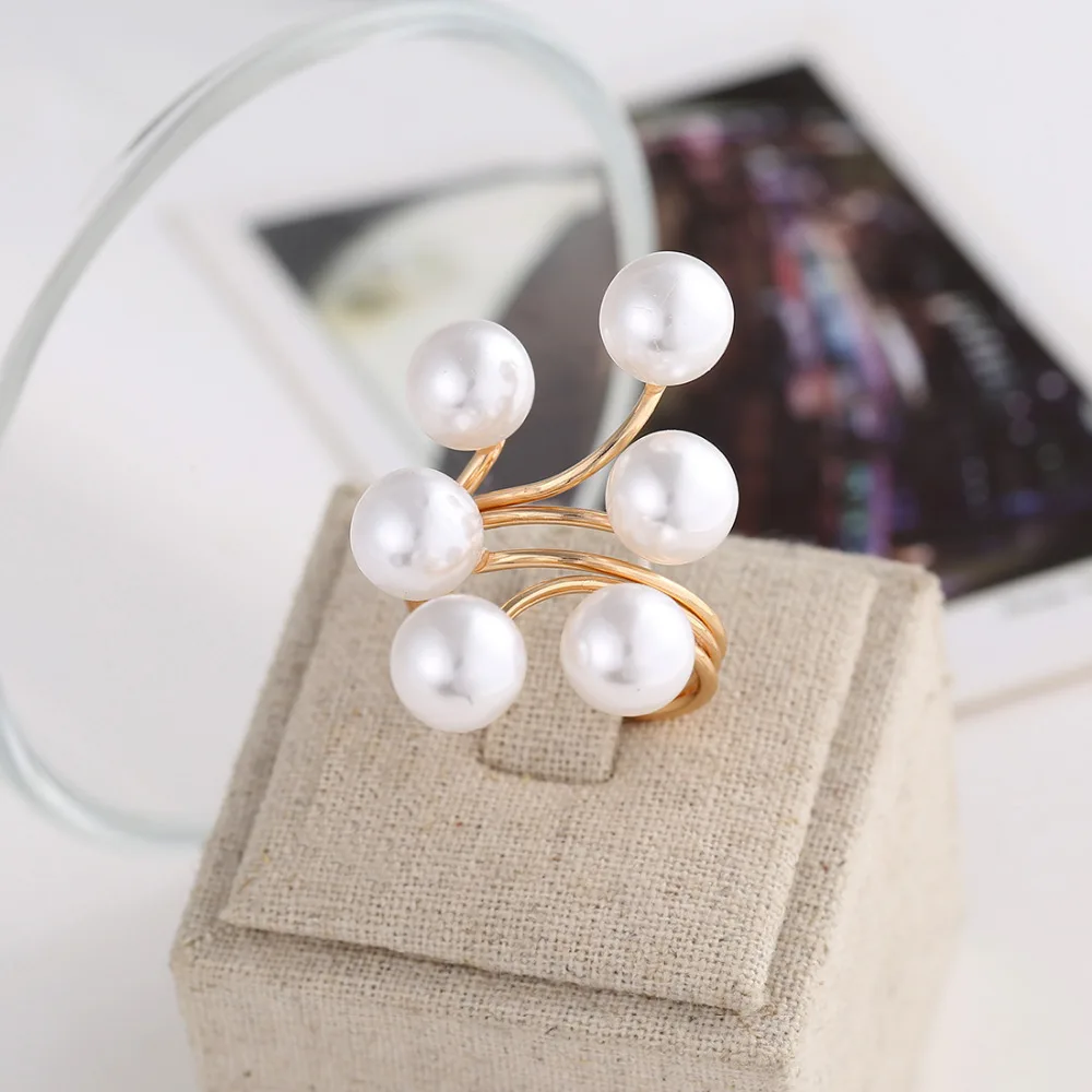 

2019 New Arrival Golden Plated Ring Fashion Elegant Imitation Pearl Adjustable Opening Rings For Women