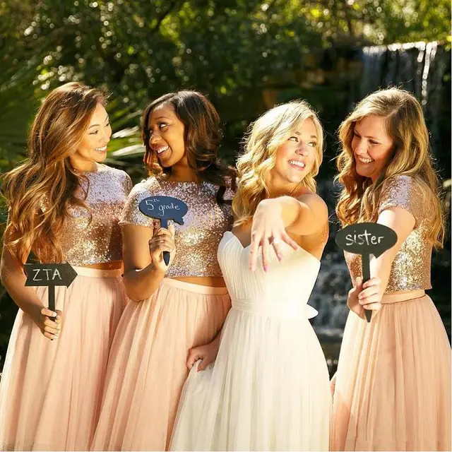 2017 Rose Gold Two Pieces Bridesmaid Dress Sequins Crop Tulle Beach 2017 Rose Gold Two Pieces Bridesmaid Dress Sequins Crop Tulle Beach Blush Pink Dresses