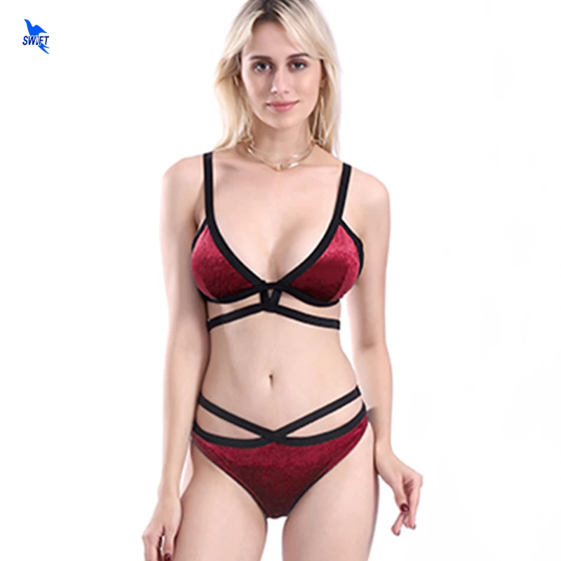 

Shining Emerald Velvet Solid Bikini Set Women Strappy Backless Two Piece Swimwear 2019 Lady Beach Bathing Suit Triangle Swimsuit