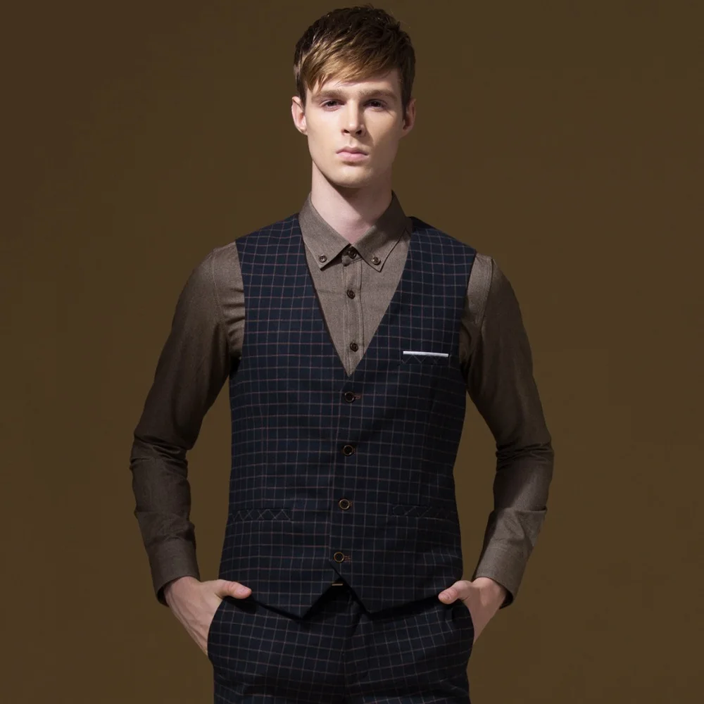 Men Suits Vests Formal Super Slim High Quality Plaid Autumn Winter Warm