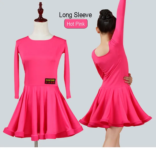 Подростковые платья для латинских танцев для девочек, большая юбка для бальных танцев и Танго, детские костюмы для соревнований по сальсе, тренировочная одежда - Цвет: Long Sleeve Hot Pink