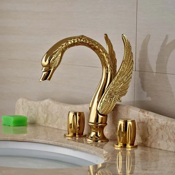 Luxury Golden Brass Bathroom Faucet Swan Spout Vanity Sink Mixer Tap