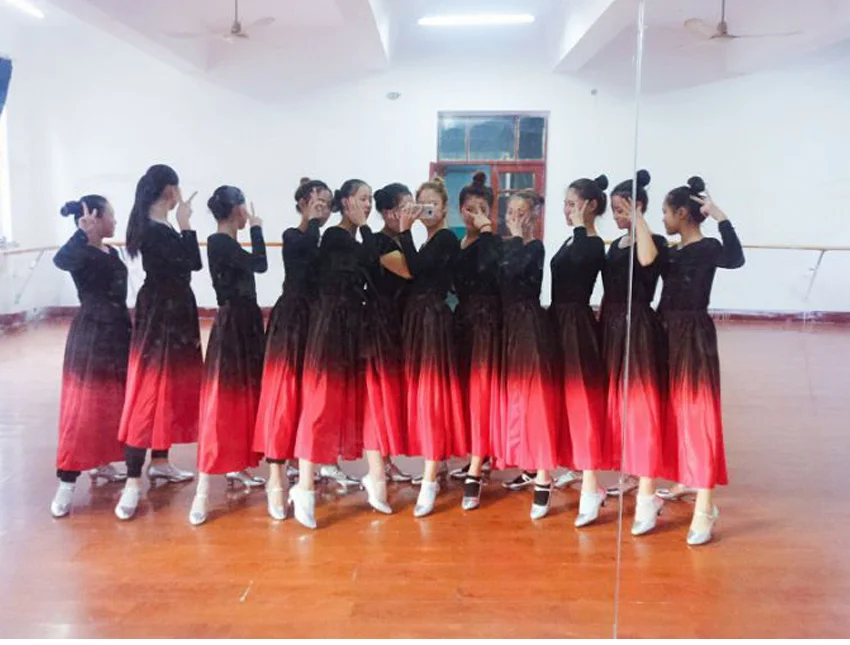 Градиентный цвет фламенко танец живота юбка дамы сценическая одежда красный костюм для китайского традиционного танца Костюм