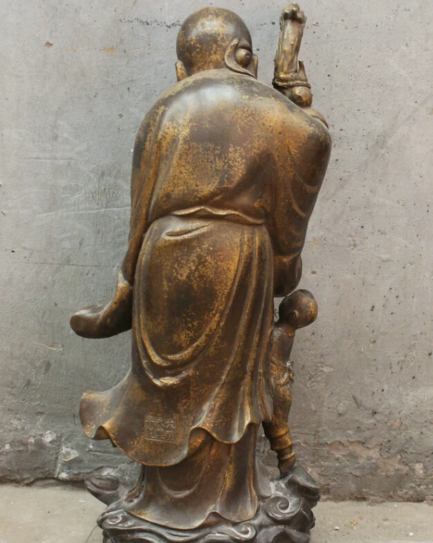 

S0118 23" China Chinese Bronze Gilt God of longevity Shou Star With Kid Crane Statue