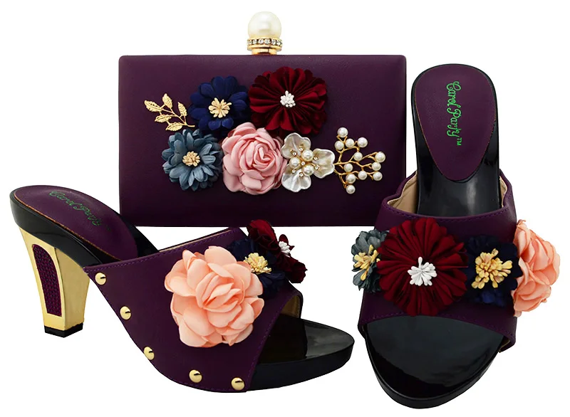 

Latest Dark Purple Color Italian Ladies Shoes and Bag Set Decorated with 3D Appliques African Matching Shoes and Bags In Women