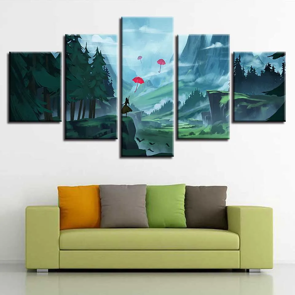 

Art Canvas Paintings Modular 5 Pieces Umbrella Forest Mountain Landscape Pictures Printing Decoration Living Room Wall HD Poster