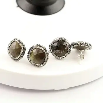 

6Pairs Natural Labradorite Stone Stud Earrings, Pave Crystal Rhinestone Gem stone Earring