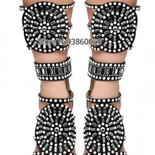 Модные женские сапоги-гладиаторы до середины голени до колена с открытым носком и стразами; сапоги на высоком каблуке с вырезами и кристаллами; цвет черный, белый; модельные туфли