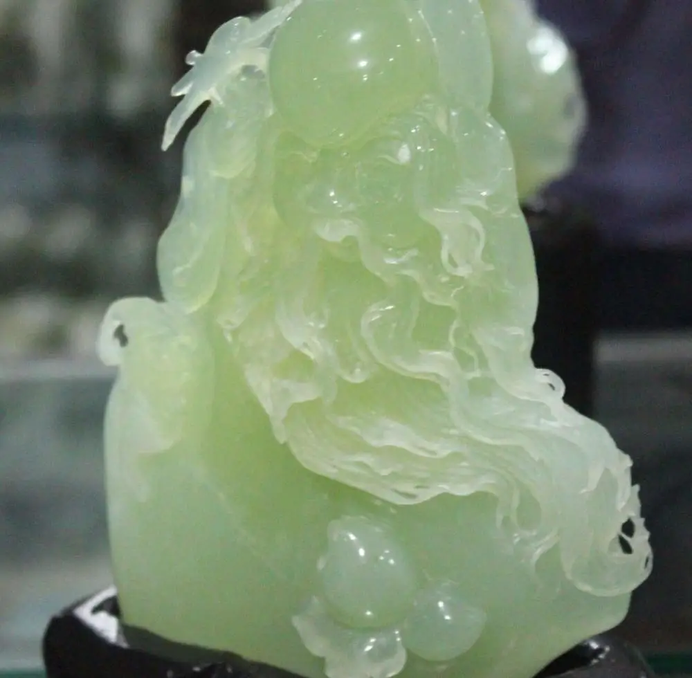 

11" Chinese Handmade Natural Green Jade Longevity god Peach ShouXing Statue