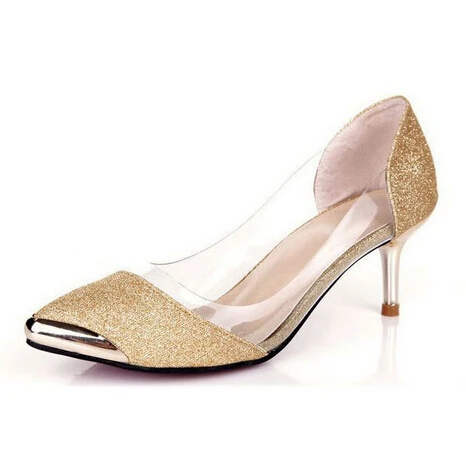 gold low high heels
