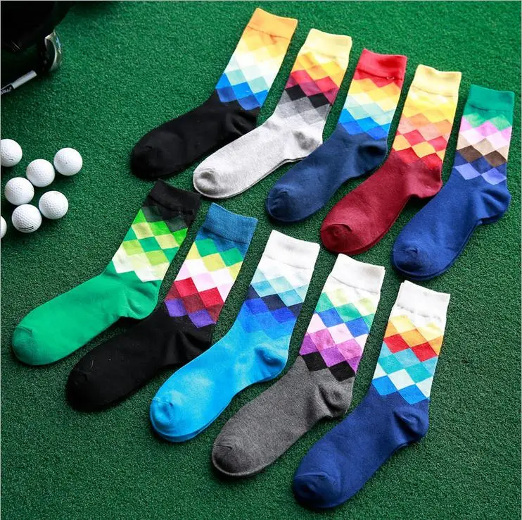 10 Pairs/Lot  Men's socks British Style Plaid calcetines Gradient Color brand elite long cotton for happy men wholesale socks myored male tide brand men cotton socks gradient color summer style long wedding sock men s knee high business socks man sox