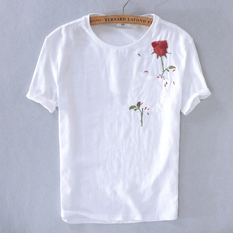 

2019 Casual Rose Embroidery Embroidery Short Sleeve Linen T-shirt Men O-Neck Loose Cotton Men T Shirt Y059