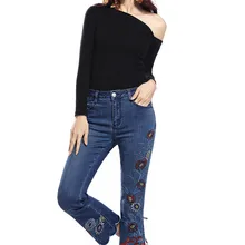 Весенне-летние женские эластичные джинсы до щиколотки с вышивкой, большие размеры, с высокой талией, в этническом стиле