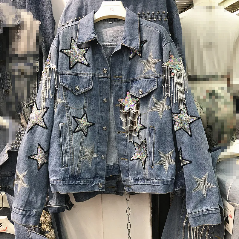 

2019 Spring Autumn Jeans Coat Women Heavy Shiny Pentagram Embroidered Sequins Denim Jacket Female Casual Beaded Tassel Outwear