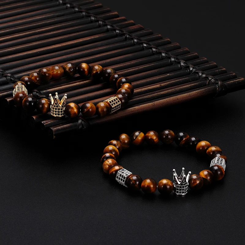 Высококачественный модный браслет для йоги браслет с шармом с короной натуральный камень шарик из тигрового глаза ручной браслет женские и мужские аксессуары