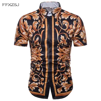 

Fashion Gold Floral Shirt Men 2018 Luxury Brand New Summer Short Sleeve Dress Shirt Mens Slim Fit Casual Shirts Camisa Masculina