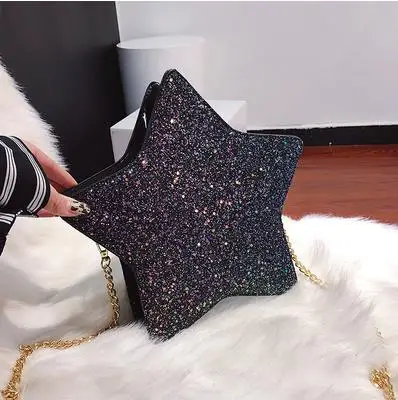 Sequins Stars Style Pu Leather Fashion Casual Ladies Chain Purse Shoulder Bag Tote Crossbody Mini Bag Female Bolsa Handbag Flap - Цвет: Черный