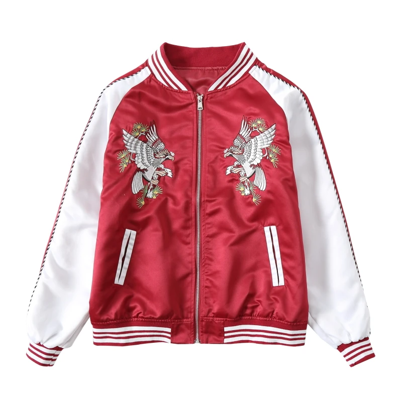 red and white bomber jacket