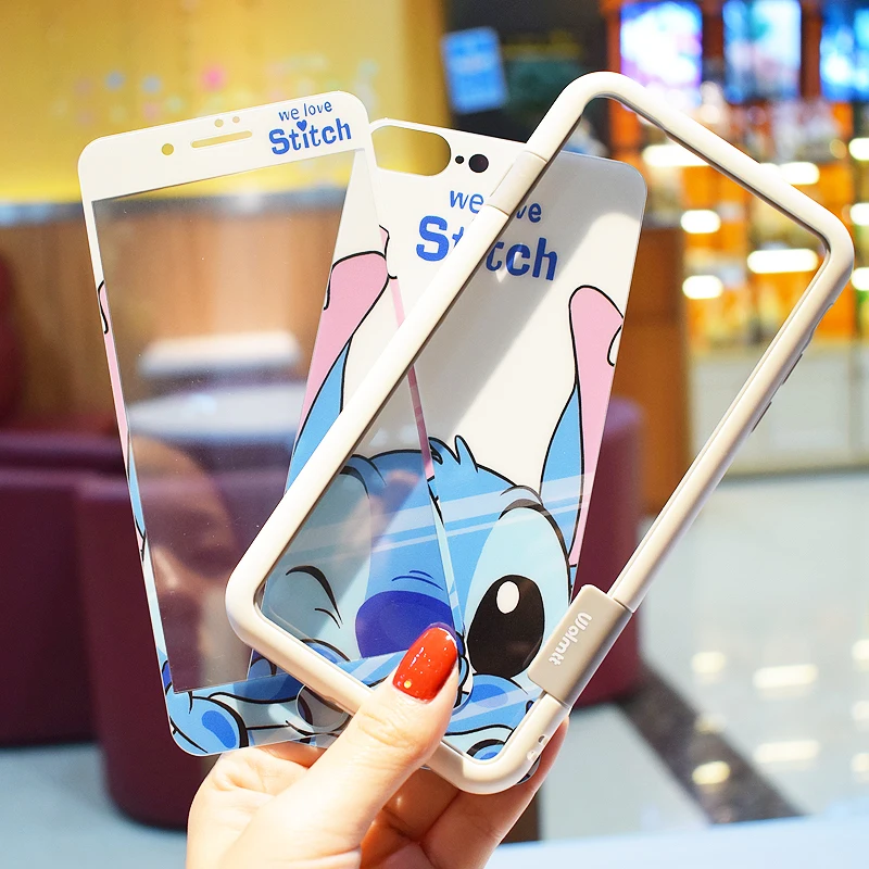 For iphone 8 8plus Cute stitch glass flim + soft bumper for iPhone X 7 7plus 6 6S 6sPlus Cartoon F&ampB |