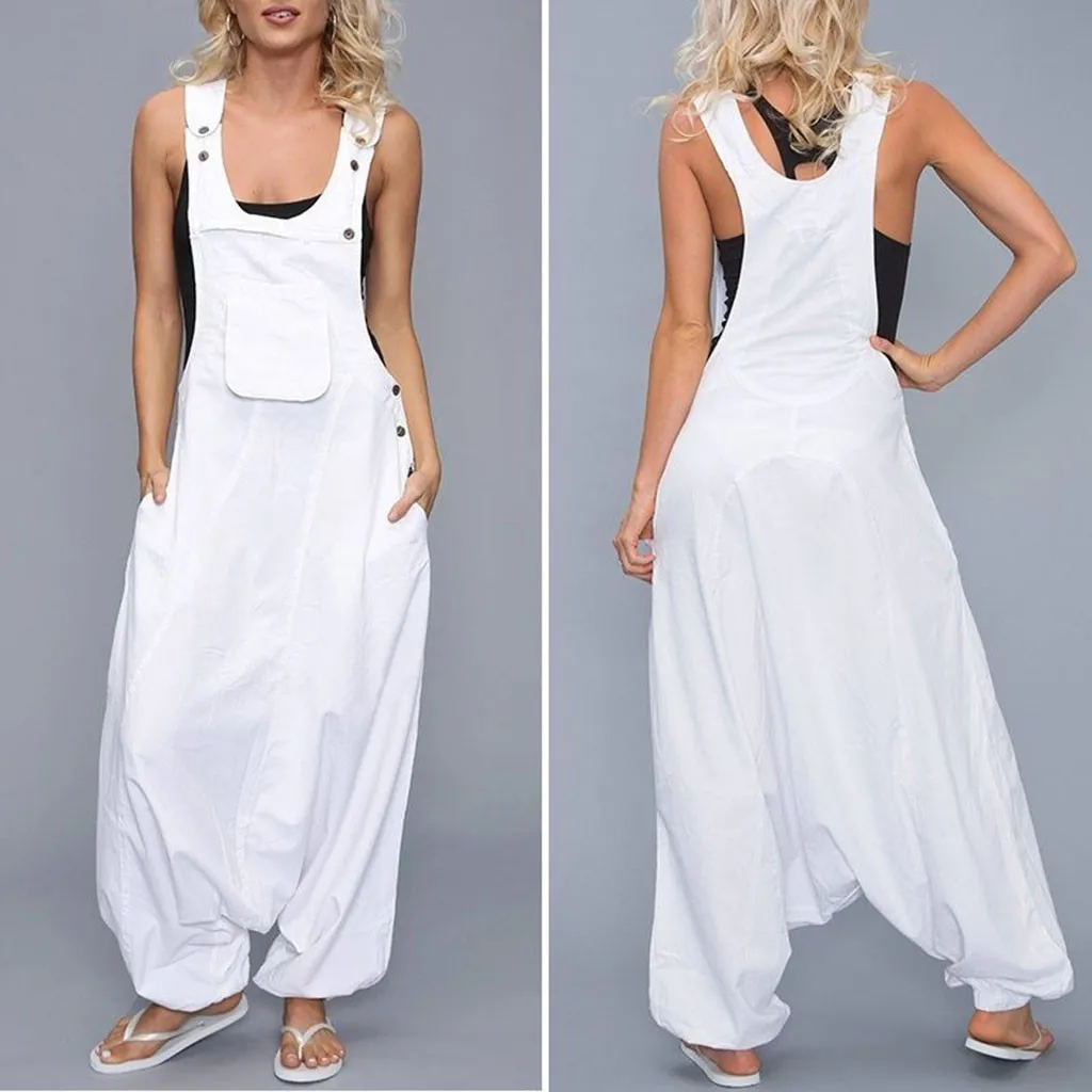Women loose Backless Jumpsuit Casual U Neck Sleeveless Side Pockets Long Playsuit Plus Size 5xl Rompers Salopette Femme #js5 | Женская
