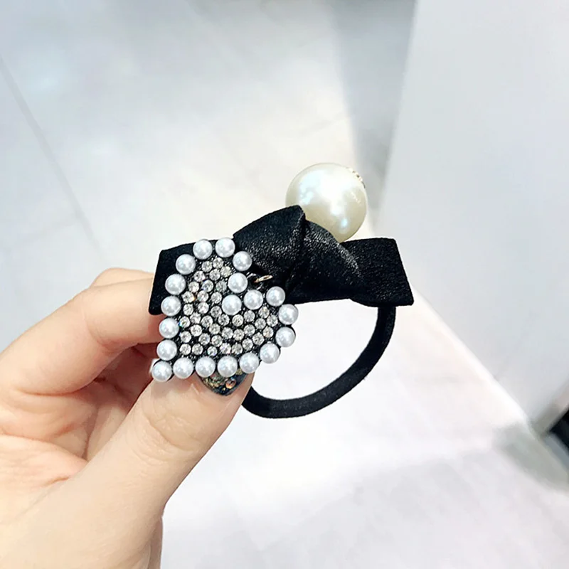 Houndstooth cloth bow hair rope color diamond pearl hair ring thick rubber band ponytail ties fashion hair accessories for women