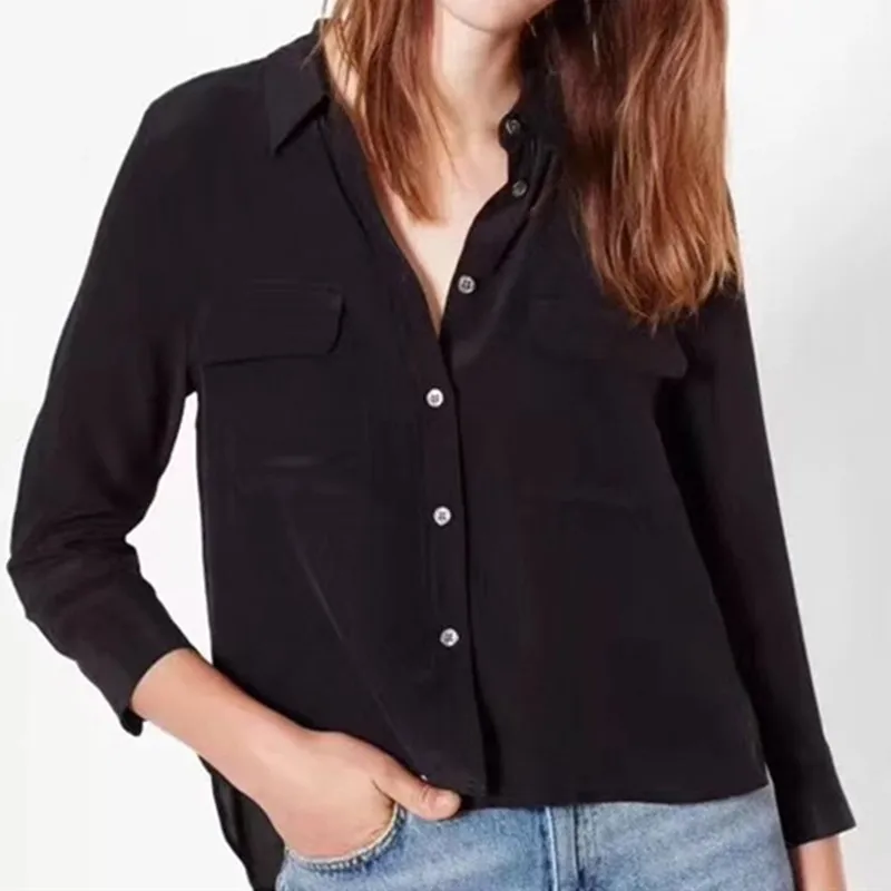

Women Blouse Long Sleeve Double Pockets Soft Silk Shirt with button ladies blouses and tops Turn Down Collar