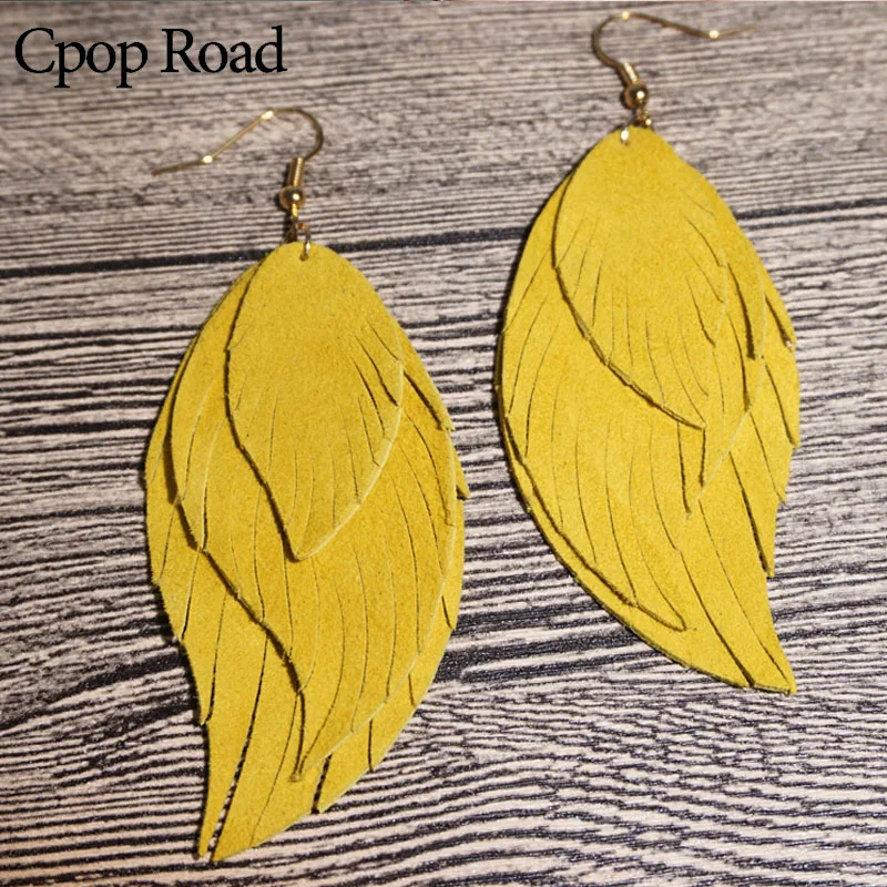 

Cpop Three Layers Genuine Goat Leather Earrings Women Nature Feather Elegant Solid Color Tassel Dangle Earrings Fashion Jewelry
