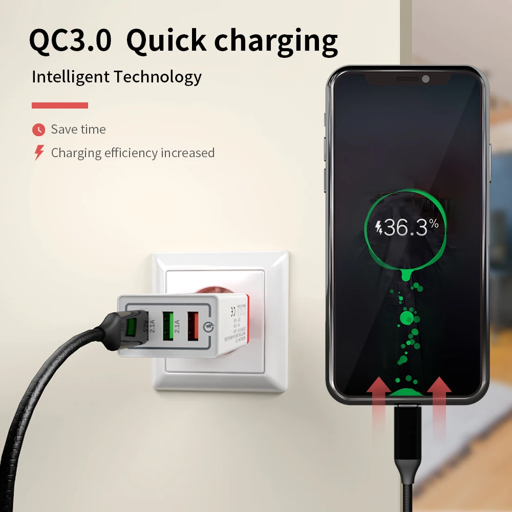 18 Вт USB зарядное устройство Quick Charge 3,0 5 в 3 А EU US Разъем для iPhone X 8 7 3 порта быстрое настенное зарядное устройство для samsung s8 s9 s10 huawei P20 30