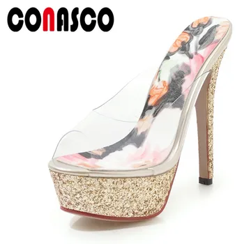 

CONASCO Sexy Women Pumps 2019 Brand Design Super High Heels Open Toe Fashion Sandals Summer Print Flowers Prom Party Shoes Woman