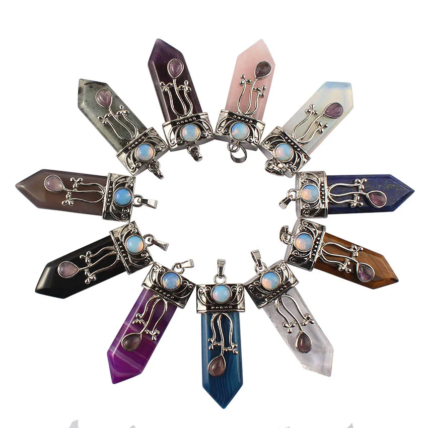 Natural Gnergy Gemstone~ Silver Plated Natural Purple Amethysts Crystal Rose Pink Quartz With Flower Sword Pendant Labradorite Jewelry 3 AA00201027100b