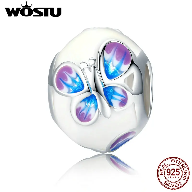 WOSTU Настоящее серебро 925 пробы Бабочка белые эмалированные Бусины Подходят