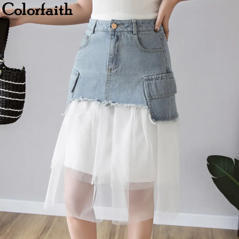 

Colorfaith 2019 Women Casual Denim Mini Skirt Spring Summer Patchwork Mesh Skater Skirt Steetwear High Waist Femininas SK8106
