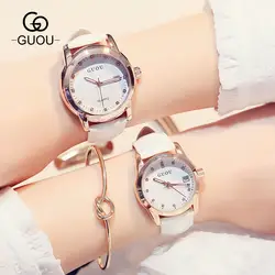 Оригинальный GUOU довольно розового золота Bling Crystal Высокое качество кожа кварцевые наручные часы для женщин любителей GU003
