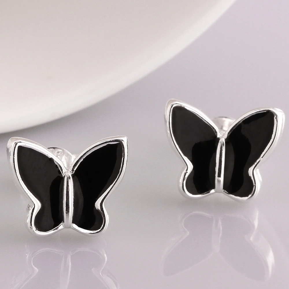 CHUKUI Minimalist Ladies Stud Earrings Gifts For Women Silver Plated Black Enamel Butterfly Earrings Fashion Jewelry Brincos (8)