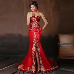2018 красный Вышивка Cheongsam длинное платье Qipao Китайский сексуальные Вечерние платья модные женские туфли showes современный элегантный одежда