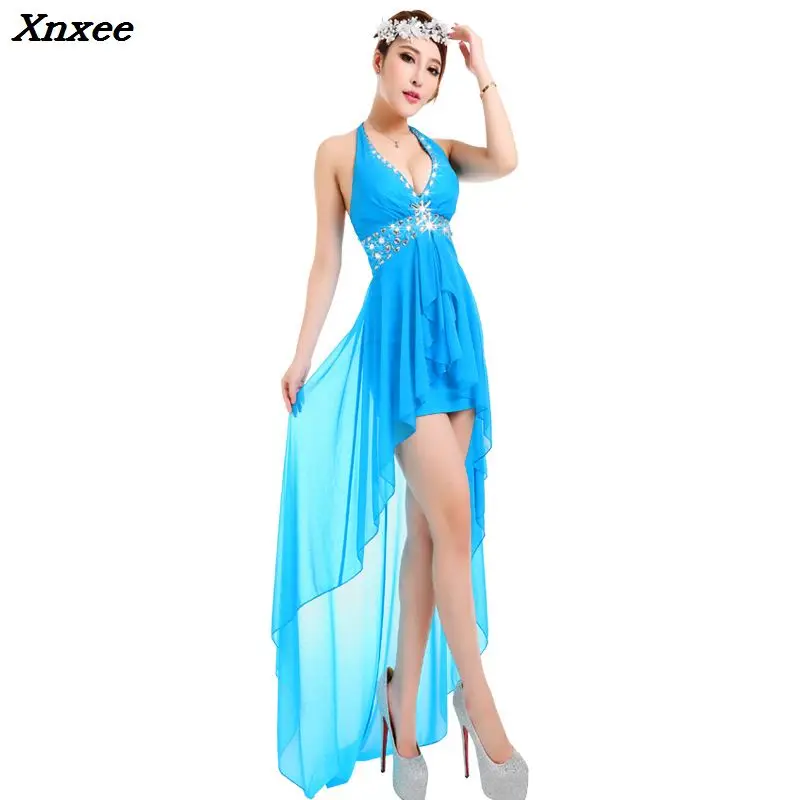 

New Halter Women Summer Asymmetrical Chiffon Dress Beach Dresses Sundress Suspenders Sexy Beads Prom Party Dress Club Wear Xnxee