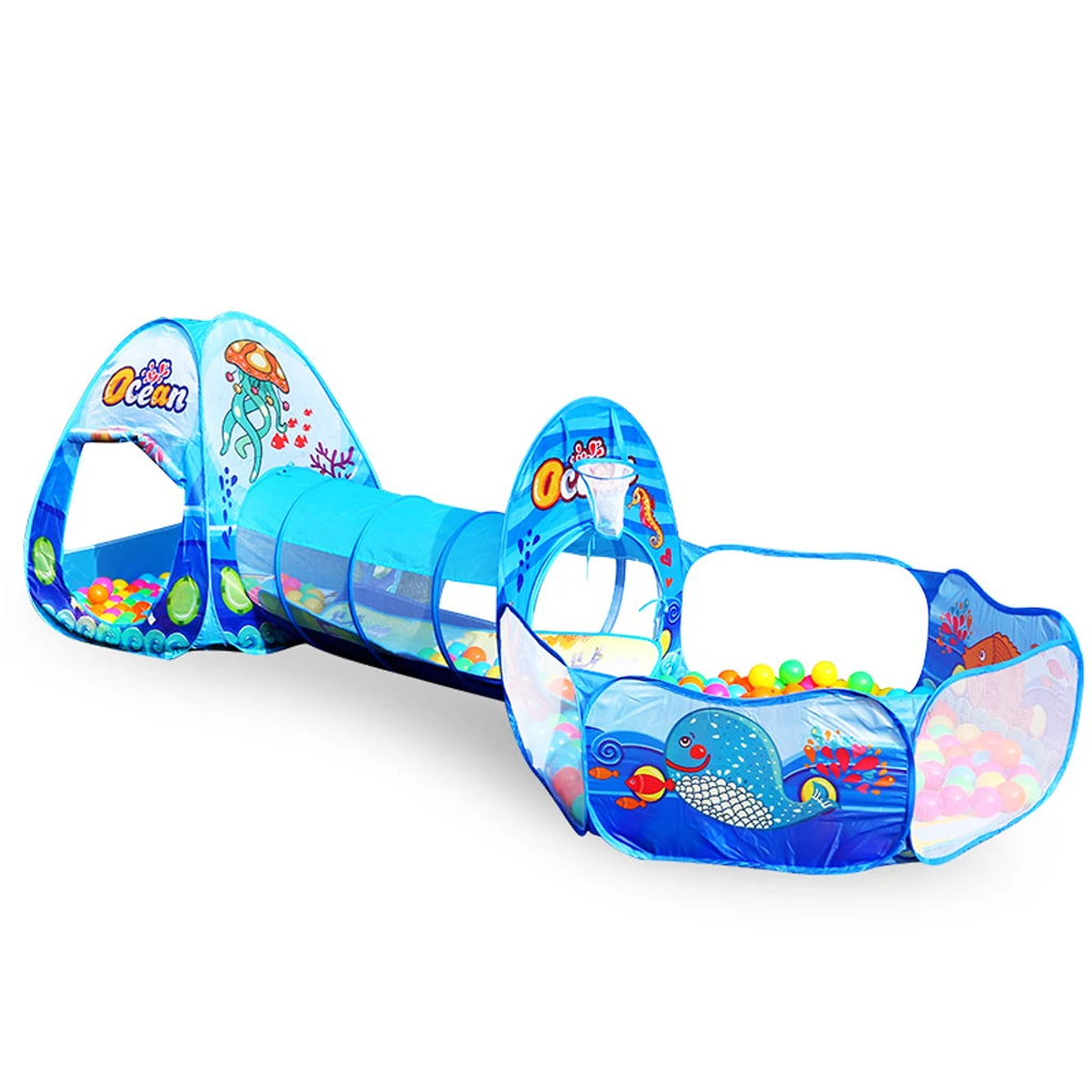 Kids 3-in-1 Blue Sea Themed Playhouse Tunnel Ball Pool Play Tent Toy for Park Garden Home Picnic Outdoor Toy