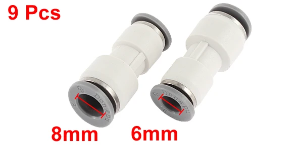 9 Pcs 8mm to 6mm One Touch End Straight Air Pneumatic Quick Fitting Adapter