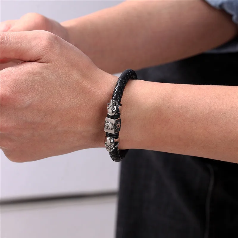 MKENDN New Genuine Braided Leather Bracelet Men Leo Lion Skull Stainless Steel Magnetic Clasp Bangles Fashion Punk Male Jewelry