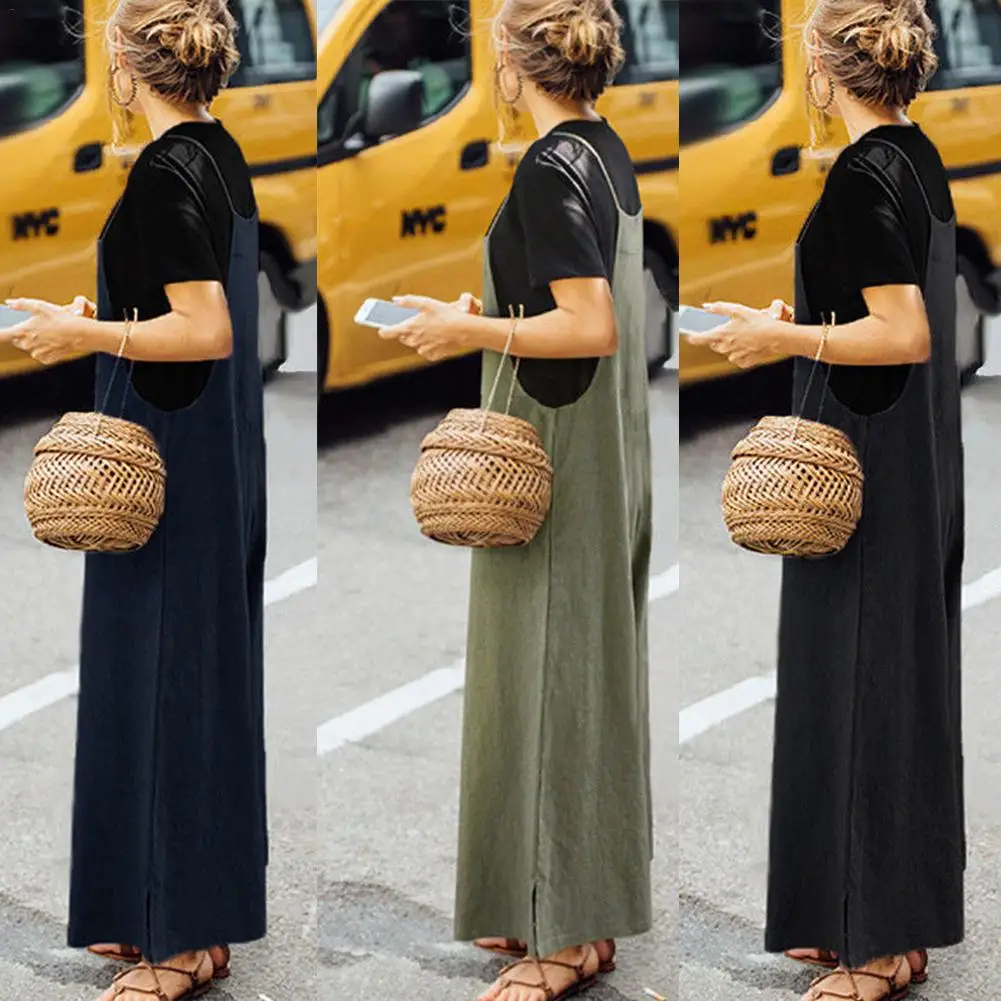 

2019 Cotton Linen Summer Rompers Women Straps Jumpsuits Loose Casual Sexy Overalls Solid Sleeveless Wide Leg Pants