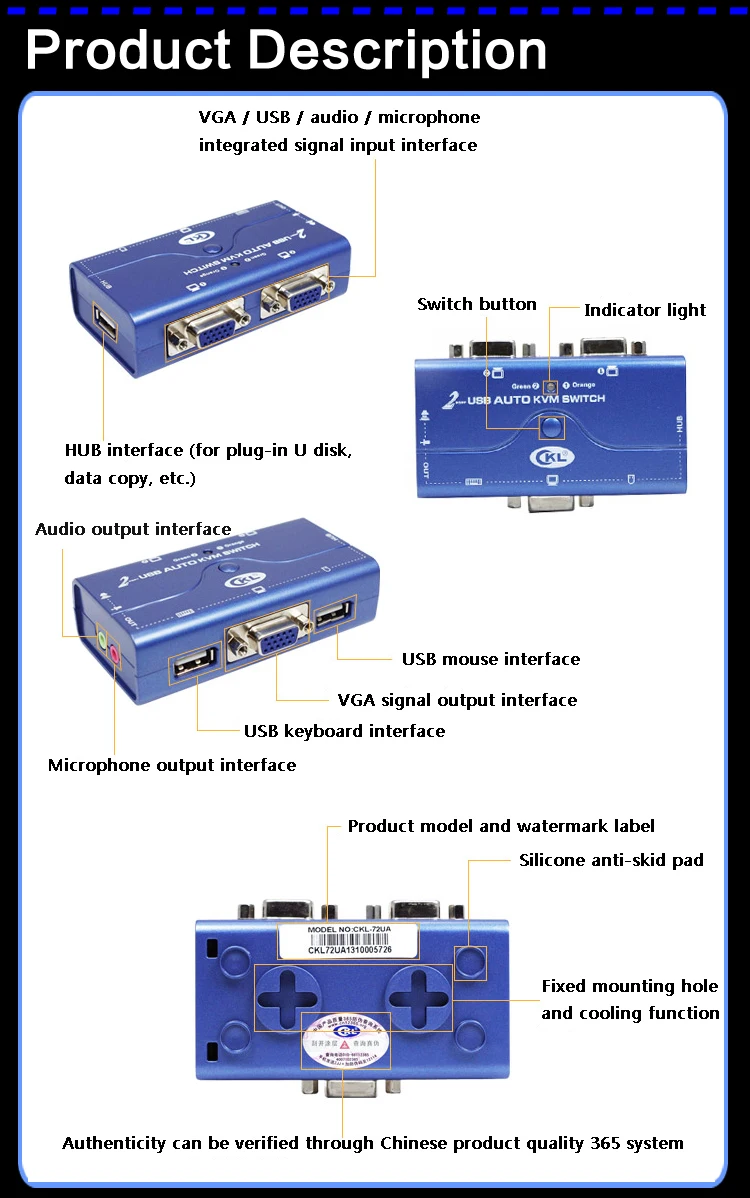 2 порта USB 2,0 VGA KVM переключатель с кабинами Поддержка аудио автоматическое сканирование, монитор ПК клавиатура мышь DVR NVR сервер коммутатор CKL-72UA