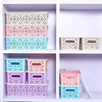 

Stackable Plastic Storage Box Hollow Out Delicate Retro Pattern Storage Basket with Lid for Clothes Cosmetics Papers Toys