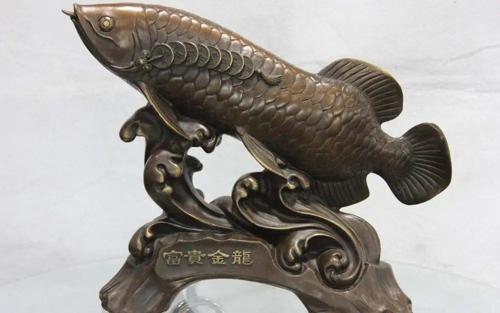 

Chinese Pure Copper Bronze Home Feng Shui Wealth Gold Dragon Fish Koi Art Statue