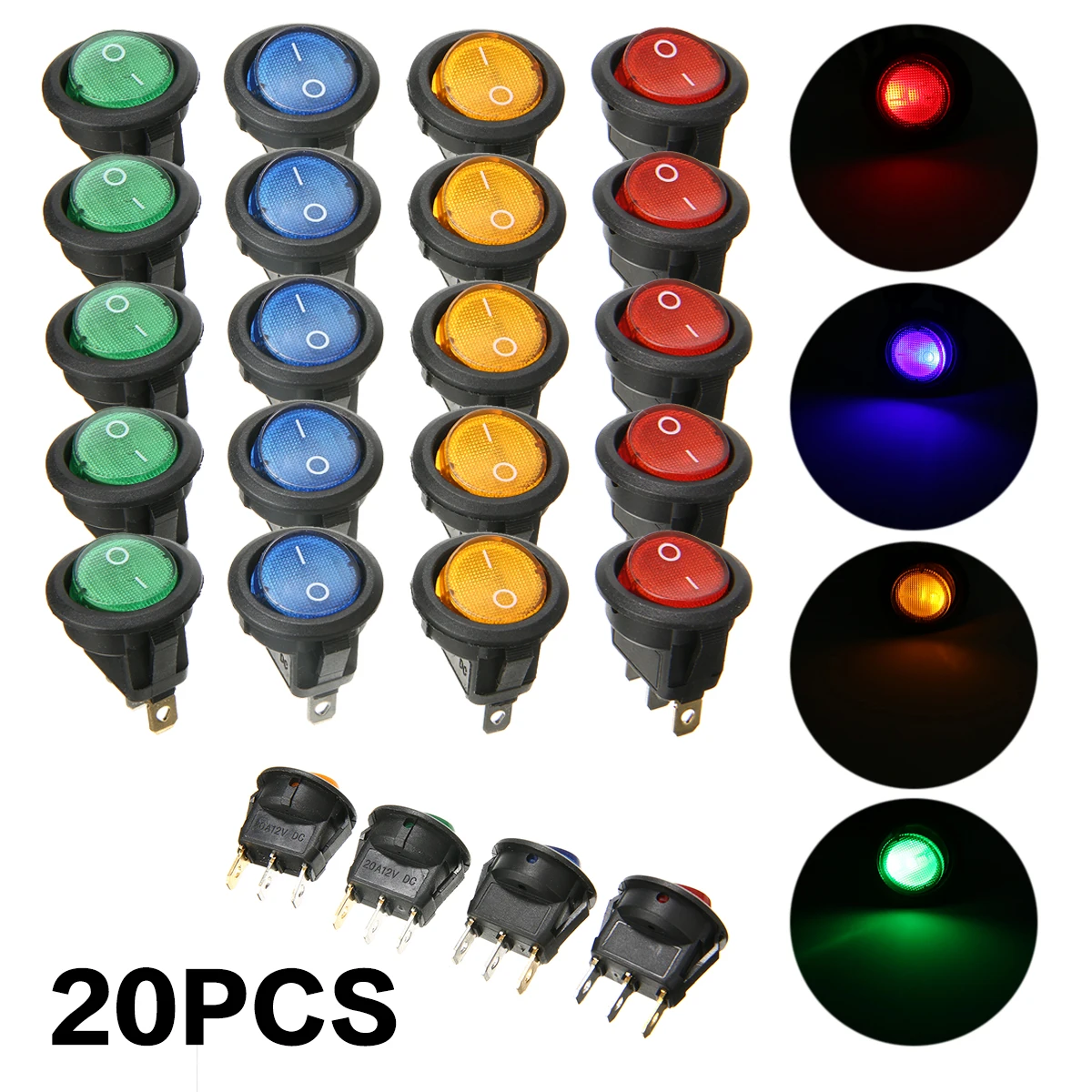 

20pcs ON/OFF Round Rocker Toggle Switch Mini Car Boat LED Round Dot Rocker Toggle Switches Red Blue Green Yellow