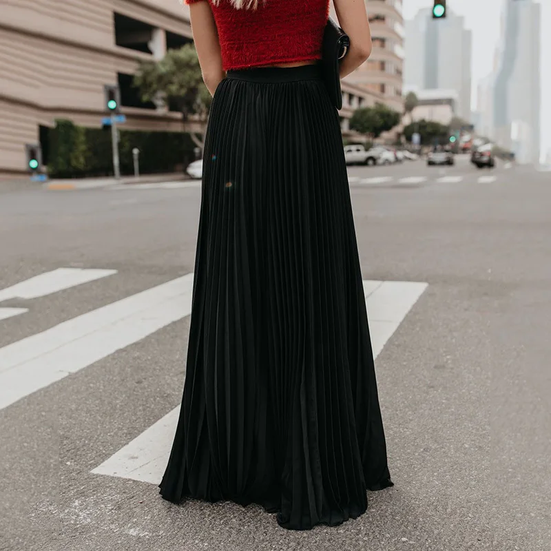 Holiday Style Pleated Women Skirts Ladies Solid Color Elastic High Waist Skirt Autumn Spring Casual Long Maxi Skirt Falda Larga