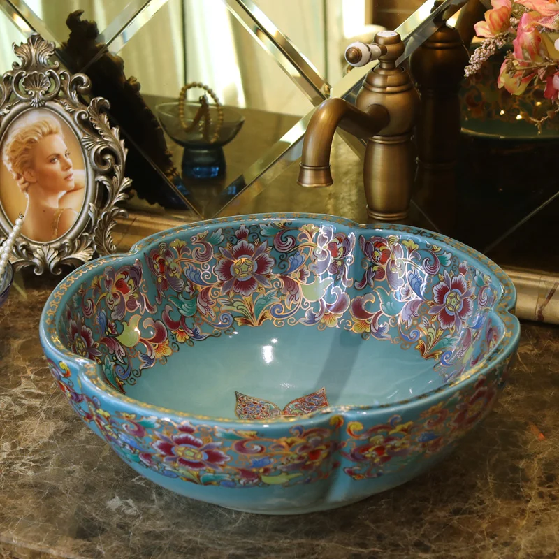 Flower shape Europe style chinese washbasin sink Jingdezhen Art Counter Top ceramic bathroom sink (4)