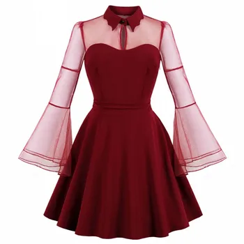 

Women Gothic Sexy Mini Dress Autumn Black Mesh Patchwork See-Through Flare Sleeve Draped Elegant Plus Size Party Short Dresses