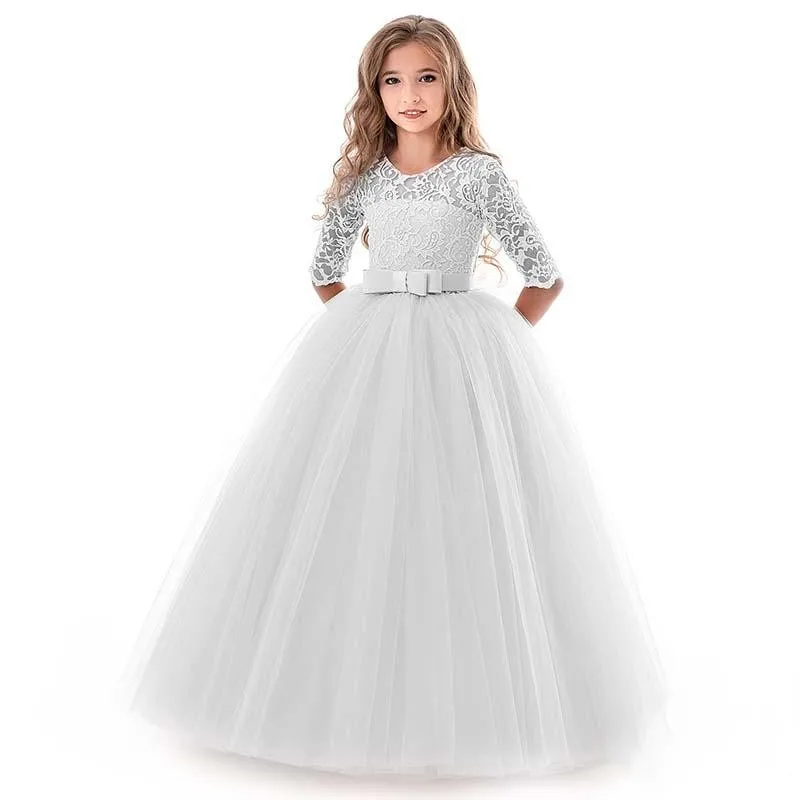 2019 Flower Girl Dresses For Weddings Party Half Sleeve Jewel With Applique Lace Sash Bow First Communion Kids Formal Gowns (5)